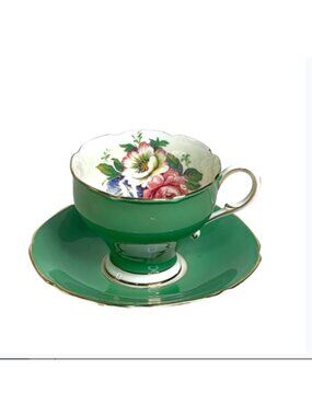 Vintage Paragon Cabbage Rose Teacup / Saucer Set Double Warrant Mint Green 97968